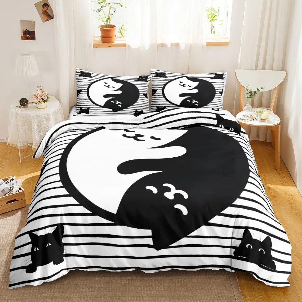 Charming Cat Cartoon Bedding Set – 3PCS Printed Duvet Cover with Pillows