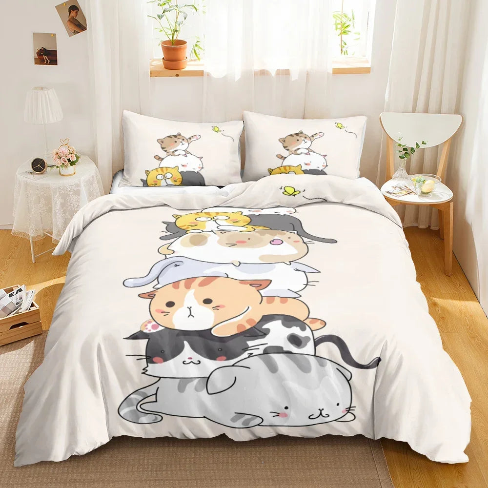 Charming Cat Cartoon Bedding Set – 3PCS Printed Duvet Cover with Pillows