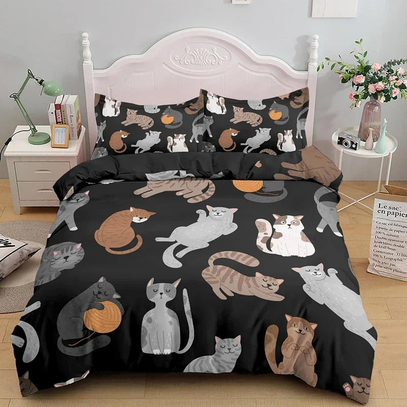 Charming Cat Cartoon Bedding Set – 3PCS Printed Duvet Cover with Pillows