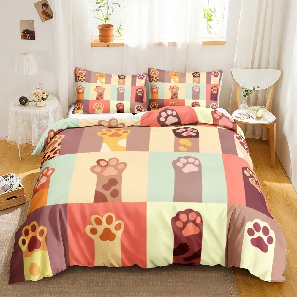 Charming Cat Cartoon Bedding Set – 3PCS Printed Duvet Cover with Pillows