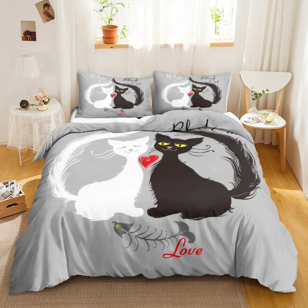 Charming Cat Cartoon Bedding Set – 3PCS Printed Duvet Cover with Pillows