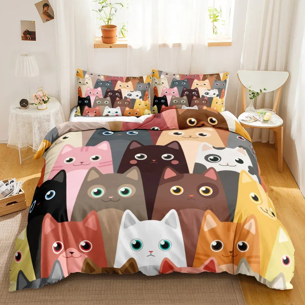 Charming Cat Cartoon Bedding Set – 3PCS Printed Duvet Cover with Pillows