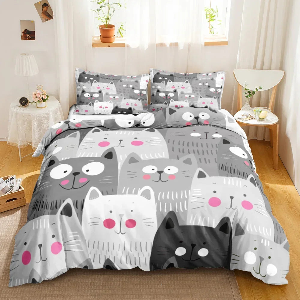 Charming Cat Cartoon Bedding Set – 3PCS Printed Duvet Cover with Pillows