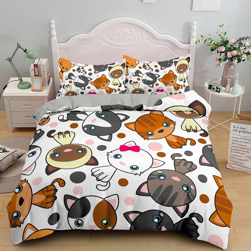 Charming Cat Cartoon Bedding Set – 3PCS Printed Duvet Cover with Pillows