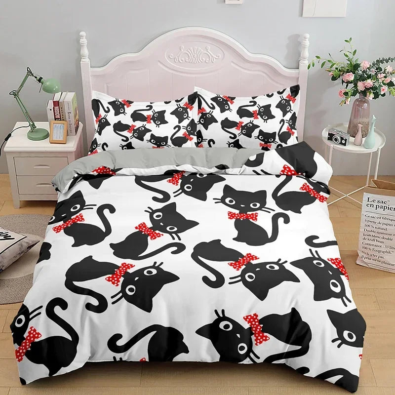 Charming Cat Cartoon Bedding Set – 3PCS Printed Duvet Cover with Pillows