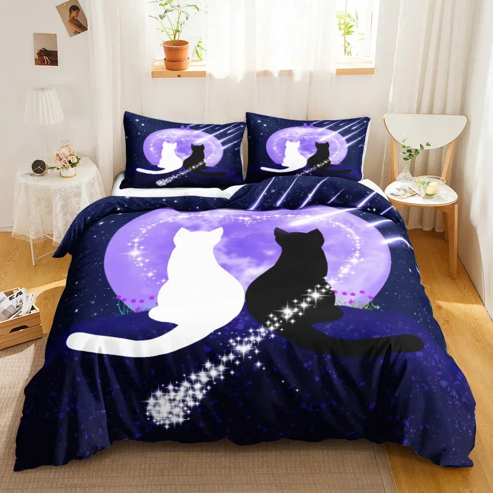 Charming Cat Cartoon Bedding Set – 3PCS Printed Duvet Cover with Pillows