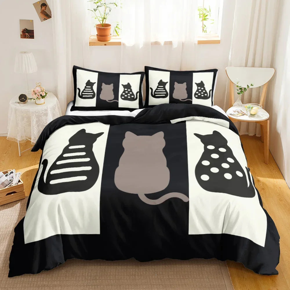 Charming Cat Cartoon Bedding Set – 3PCS Printed Duvet Cover with Pillows