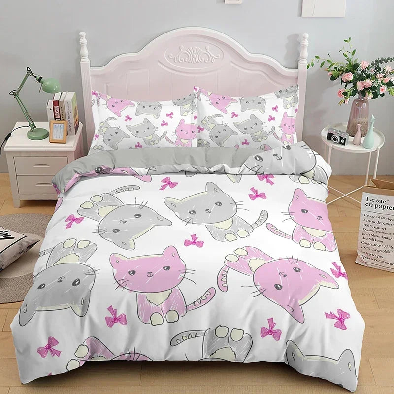 Charming Cat Cartoon Bedding Set – 3PCS Printed Duvet Cover with Pillows