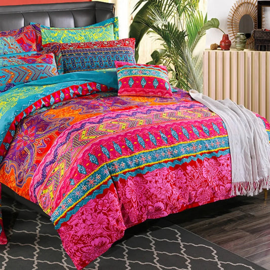 Bohemian Luxury Duvet Cover Set – Exotic Floral & Colorful Stripe Design for Cozy Elegance