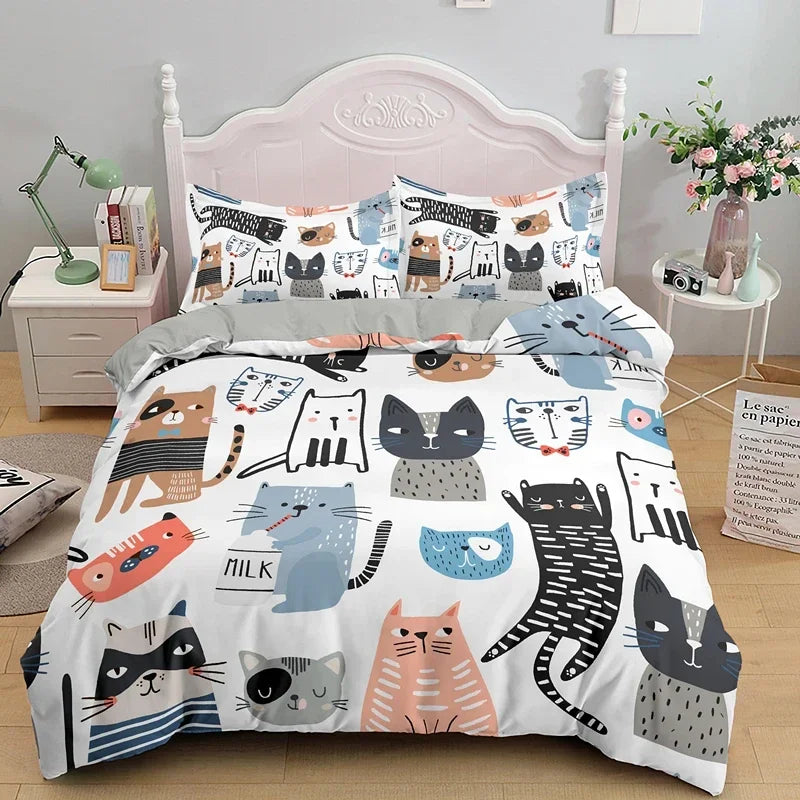 Charming Cat Cartoon Bedding Set – 3PCS Printed Duvet Cover with Pillows