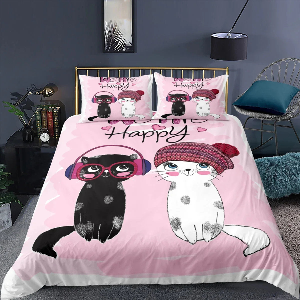 Charming Cat Cartoon Bedding Set – 3PCS Printed Duvet Cover with Pillows