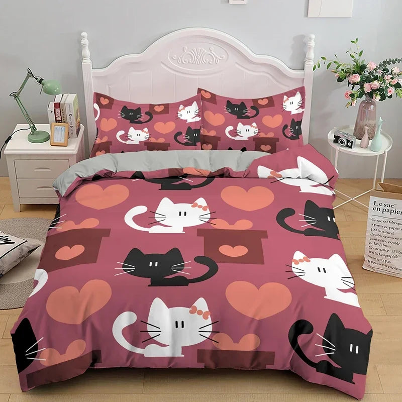 Charming Cat Cartoon Bedding Set – 3PCS Printed Duvet Cover with Pillows