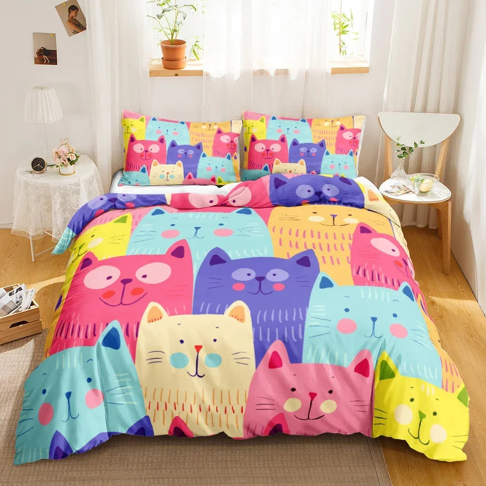 Charming Cat Cartoon Bedding Set – 3PCS Printed Duvet Cover with Pillows