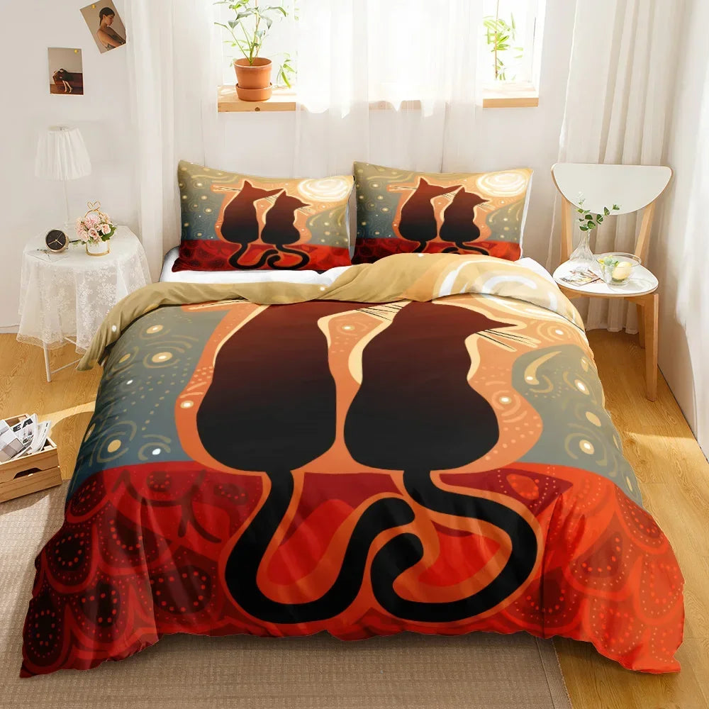 Charming Cat Cartoon Bedding Set – 3PCS Printed Duvet Cover with Pillows