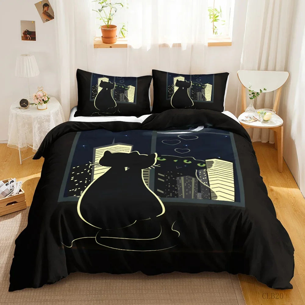 Charming Cat Cartoon Bedding Set – 3PCS Printed Duvet Cover with Pillows