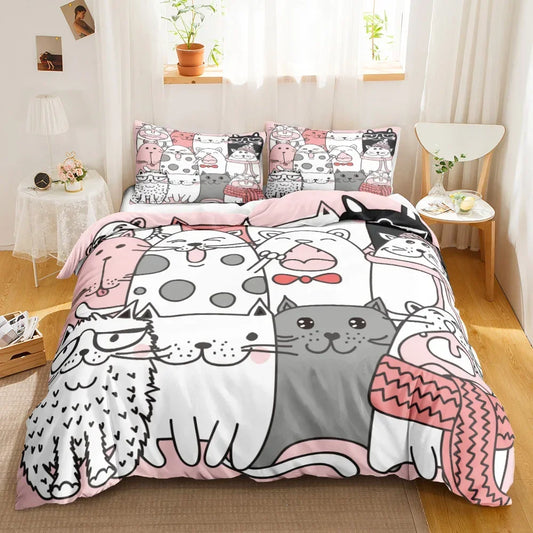 Charming Cat Cartoon Bedding Set – 3PCS Printed Duvet Cover with Pillows