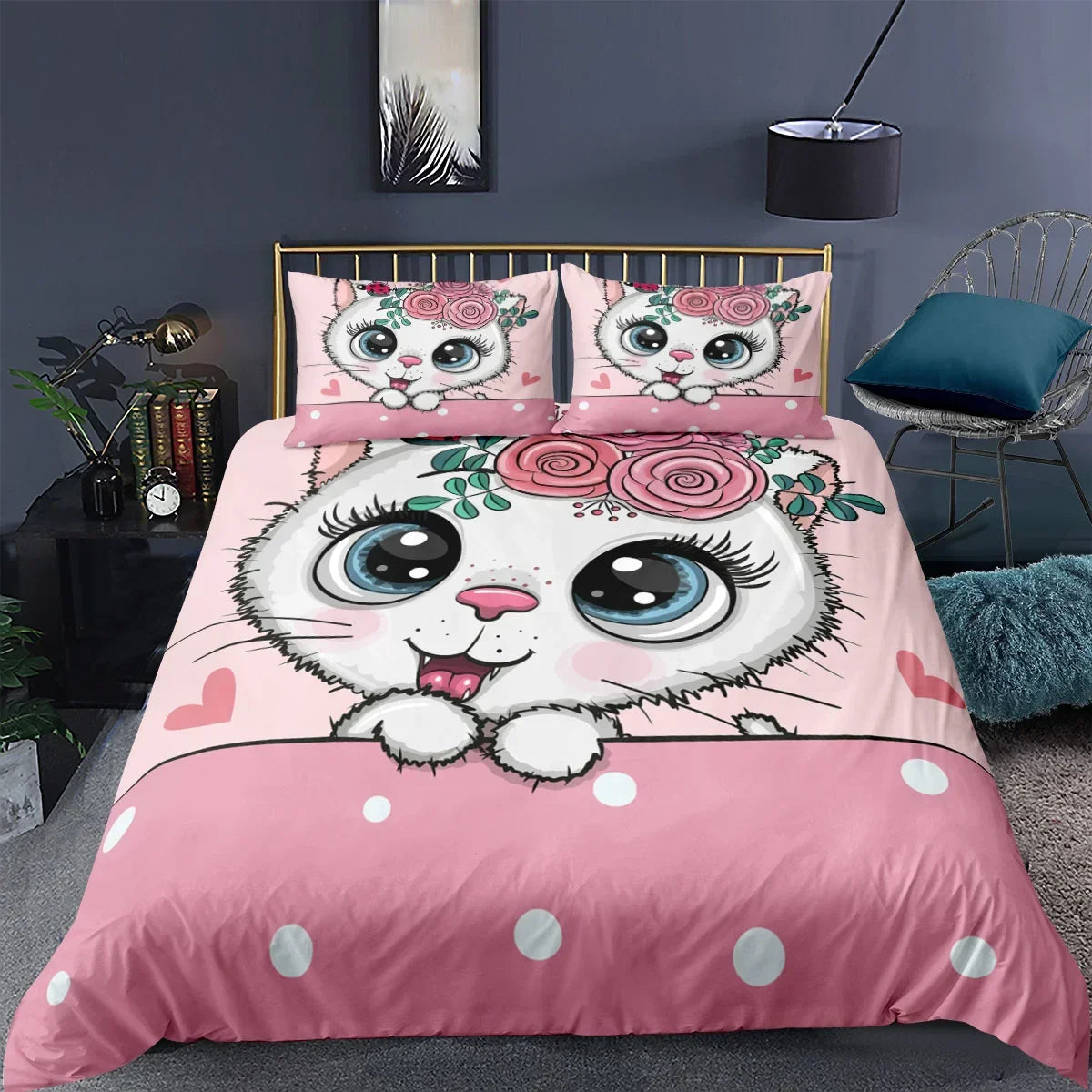 Charming Cat Cartoon Bedding Set – 3PCS Printed Duvet Cover with Pillows